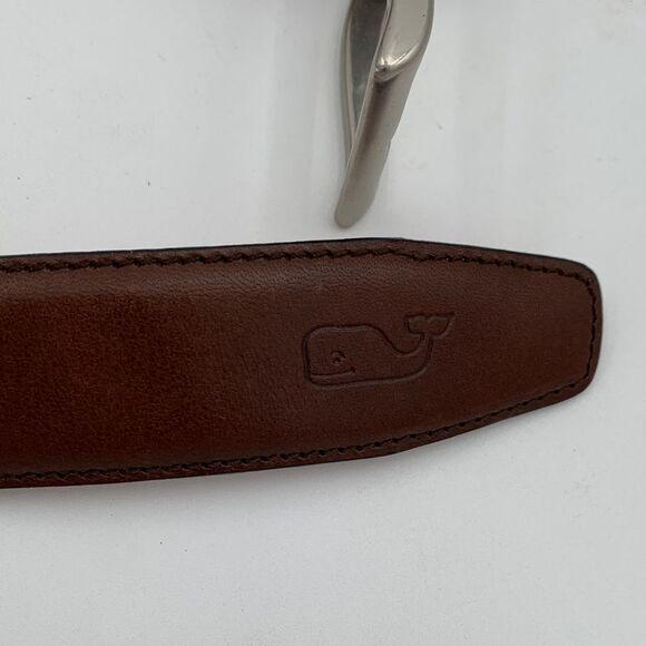 Vinyard Vines Men's Classic Brown Leather Belt silver buckle size 34 - Picture 7 of 9